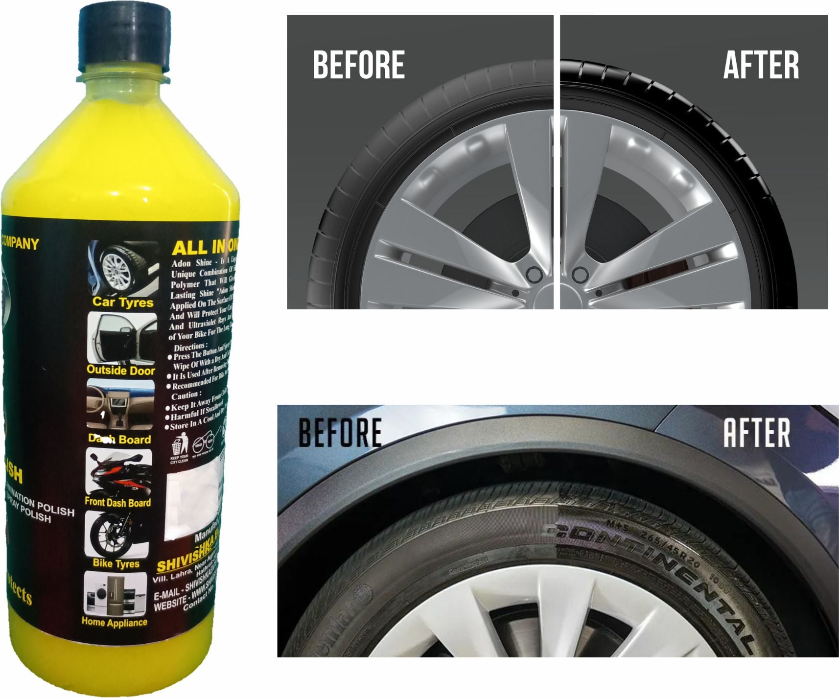 Adon shine Liquid Car Polish for Bumper, Chrome Accent, Dashboard, Exterior, Leather, Metal Parts, Tyres (2000 ml, Pack of 2)