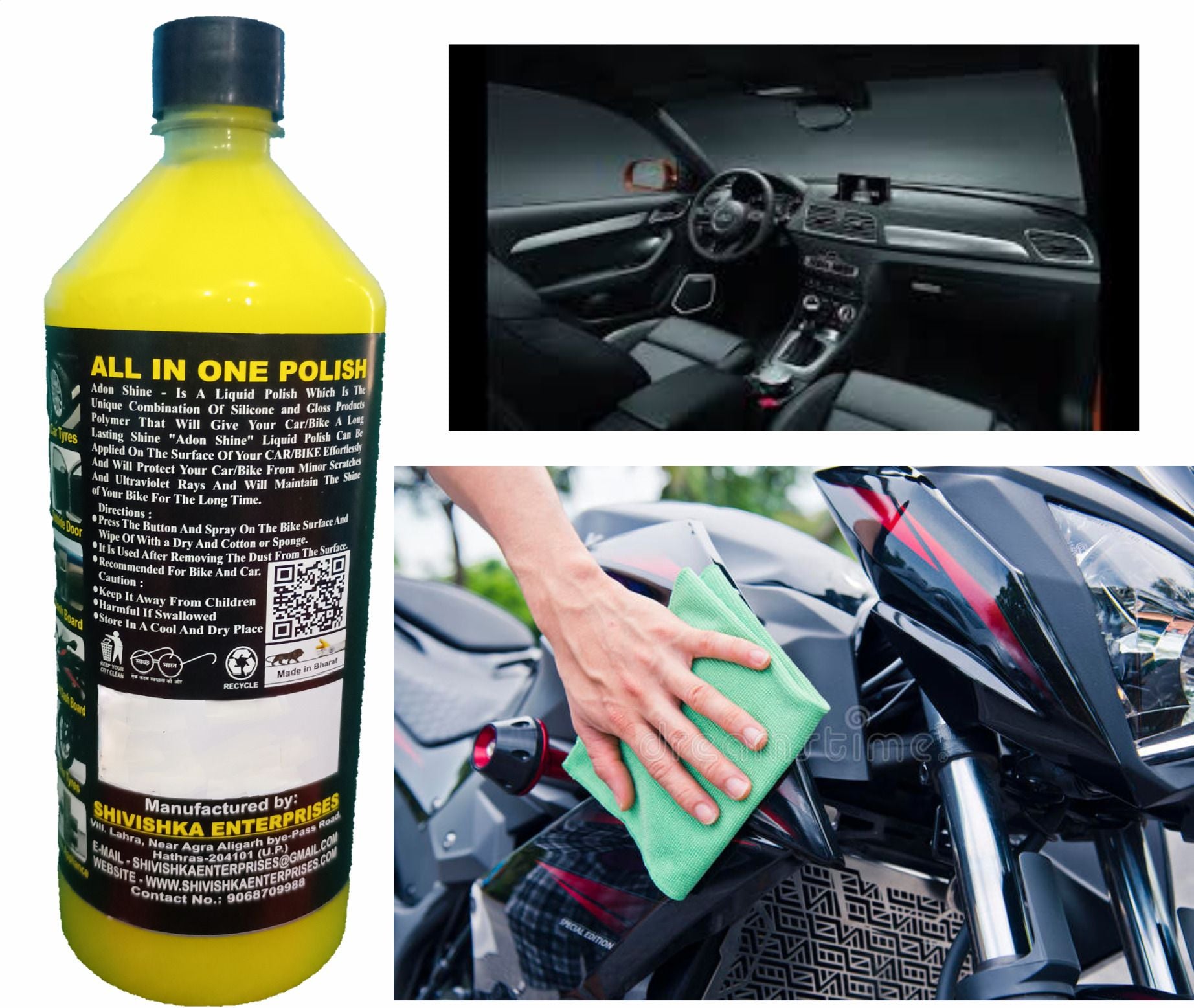 Adon shine Liquid Car Polish for Bumper, Chrome Accent, Dashboard, Exterior, Leather, Metal Parts, Tyres (2000 ml, Pack of 2)