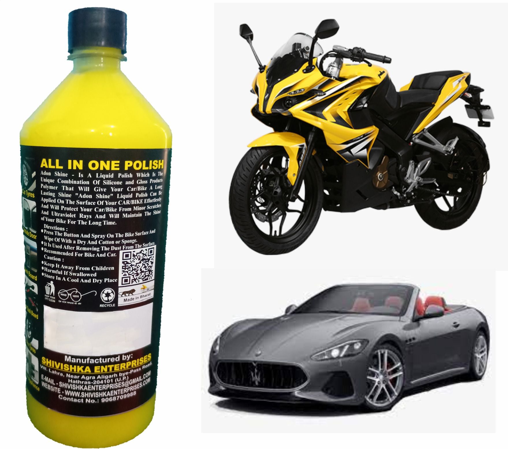 Adon shine Liquid Car Polish for Bumper, Chrome Accent, Dashboard, Exterior, Leather, Metal Parts, Tyres (2000 ml, Pack of 2)