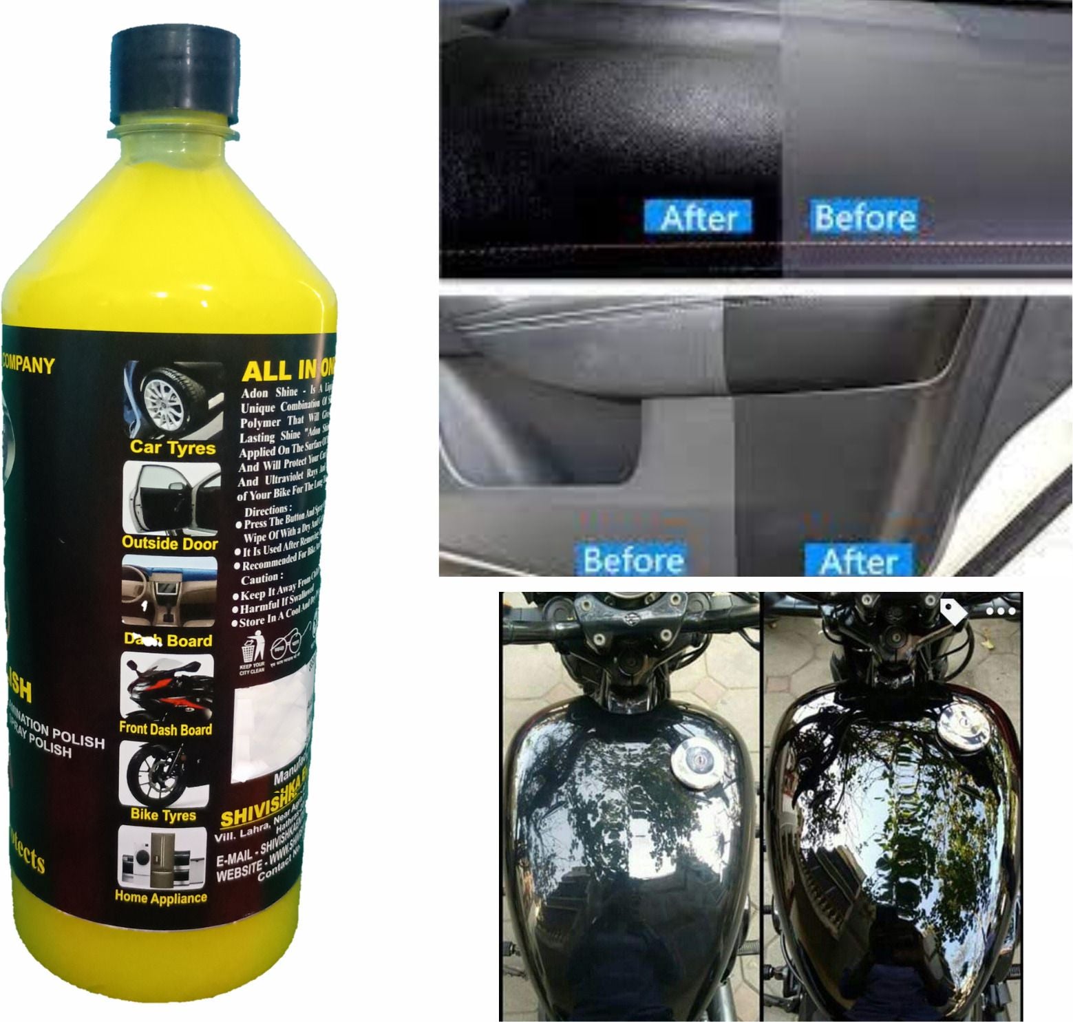 Adon shine Liquid Car Polish for Bumper, Chrome Accent, Dashboard, Exterior, Leather, Metal Parts, Tyres (2000 ml, Pack of 2)