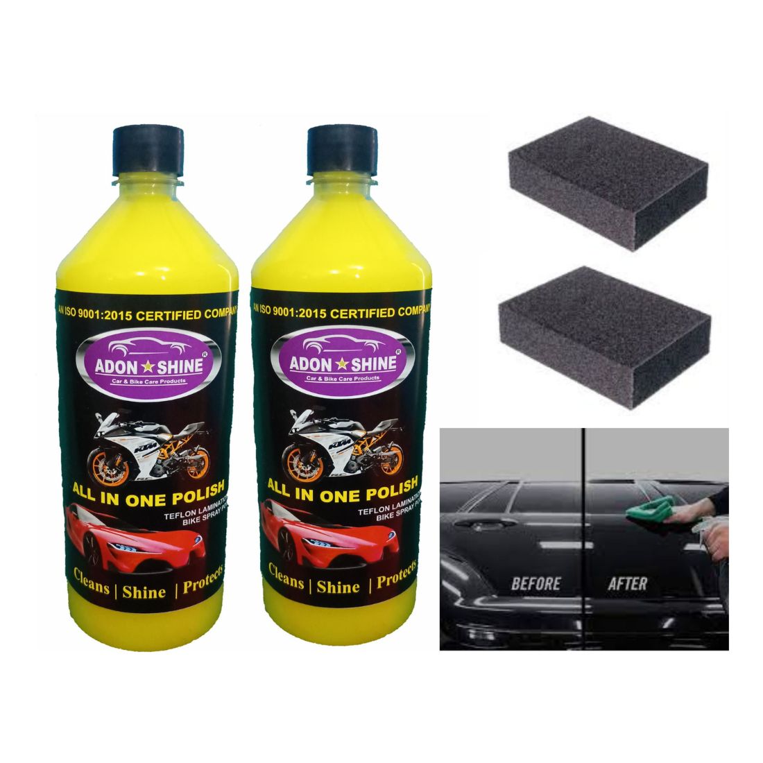 Adon shine Liquid Car Polish for Bumper, Chrome Accent, Dashboard, Exterior, Leather, Metal Parts, Tyres (2000 ml, Pack of 2)