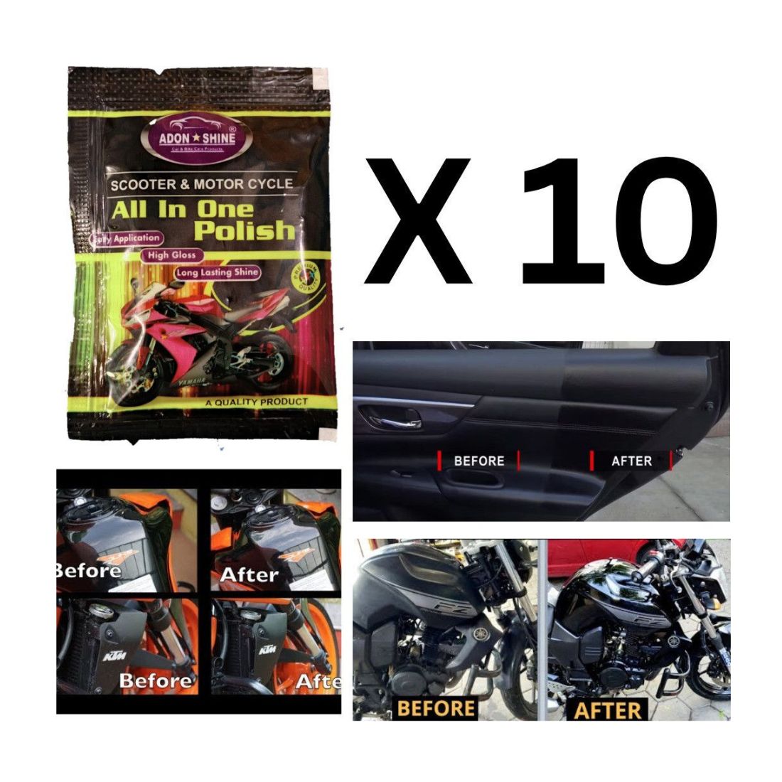 ADON SHINE Paste Car Polish for Dashboard, Bumper, Chrome Accent, Exterior, Headlight, Leather, Metal Parts, Tyres (pack of 10, 150ml)