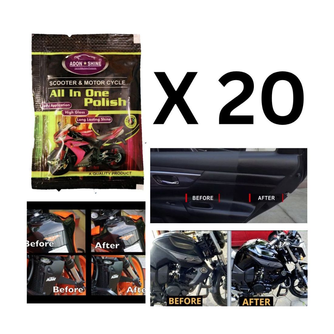 ADON SHINE Paste Car Polish for Dashboard, Bumper, Chrome Accent, Exterior, Headlight, Leather, Metal Parts, Tyres (pack of 20)